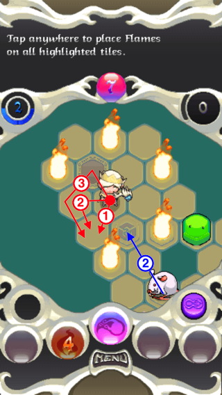 The rat needs two turns to be in position to bump into the fire. Auro needs to be ready to do it.